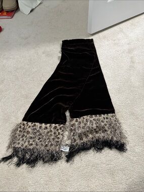 Velvet Scarf with Leopard Trim - Brown and Taupe